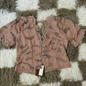 NWT Anthropologie Blush Sequin Blouse with Ruffle Detail size m